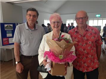 Ann Hooton was presented with flowers by John Cragg (left) and John Howard  - 'Historic Chearsley' Exhibition - Sunday 2nd June